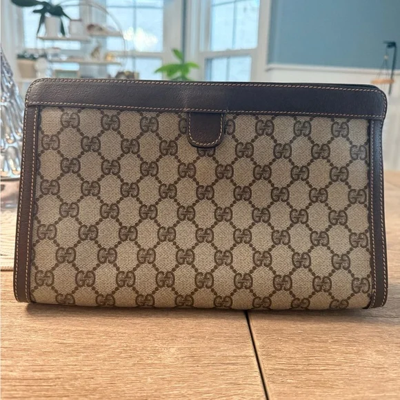 GUCCI Vintage Sherry Line Beige and Brown Monogram Clutch - Picture 3 of 6